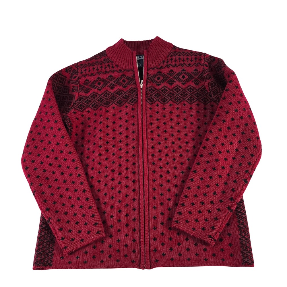 Lands End Red Black Wool Fair Isle Nordic Full Zip Cardigan Sweater Womens Small